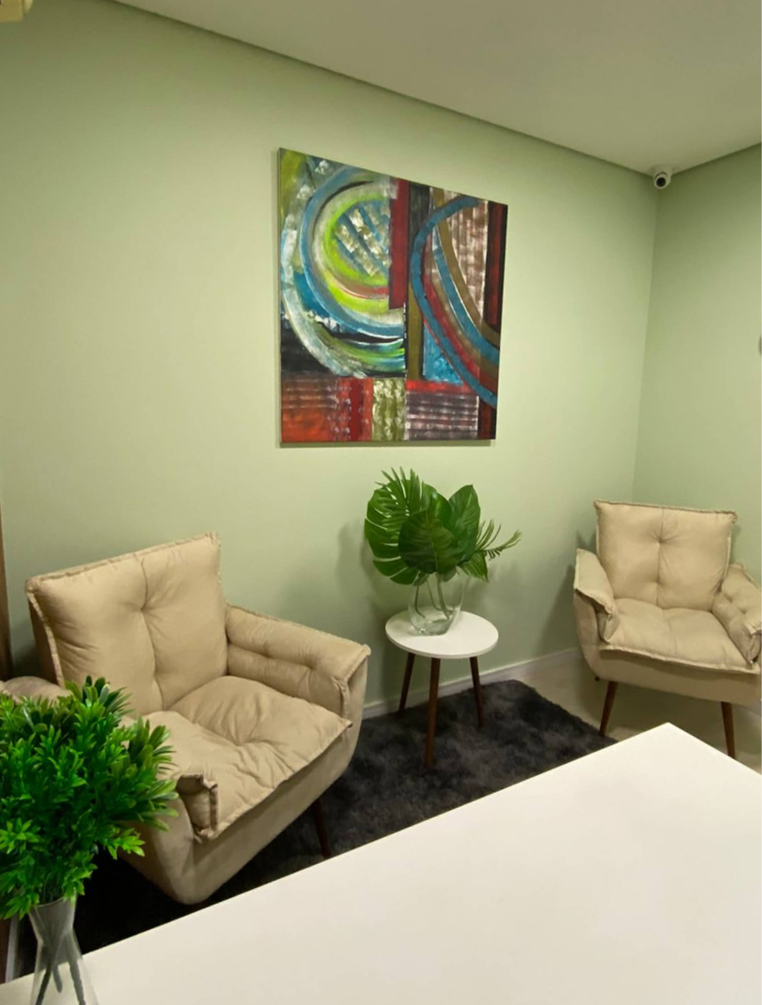 Sala com duas poltronas, plantas, tapete, mesa e um quadro decorativo.